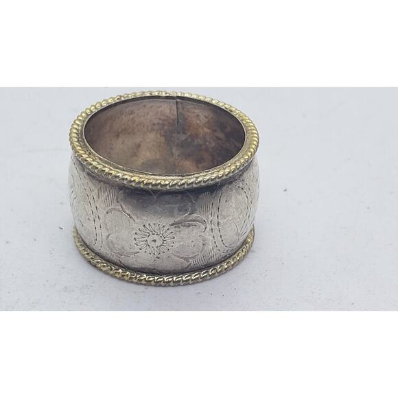 Vintage Sterling Silver Ring Cigar Band Wide Floral Engraved Gold Rope Edge sz 7 - Picture 4 of 11